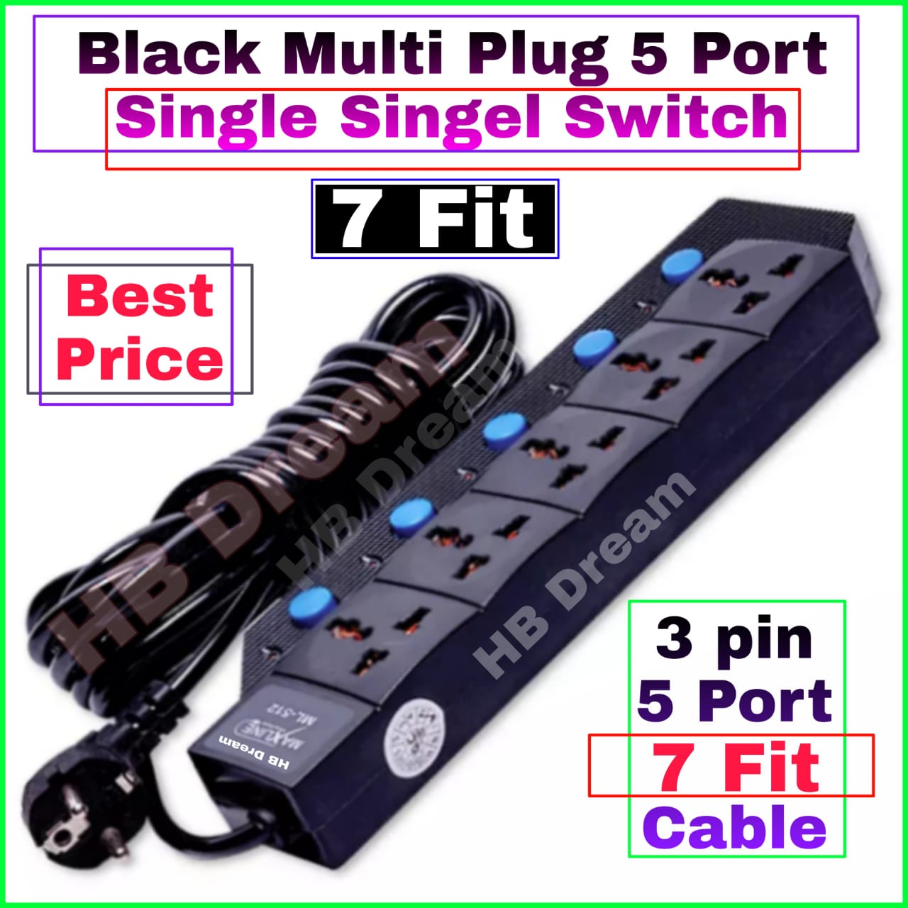 Multiplug Extension 5 Socket With 5\2 meter Cable multi pluge 15 fit and 7 fit and 30 fit black multi plug