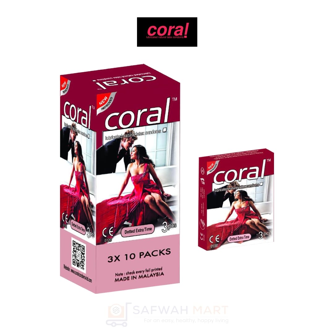 Coral Dotted Extra Time Lubricated Natural Latex Condoms